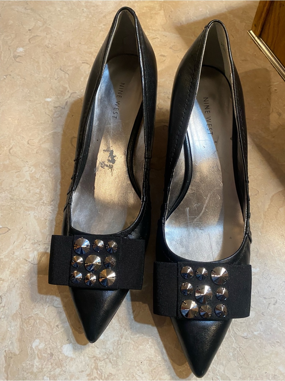 Nine West Black Pointed Toe Bow Pumps with Silver Studs